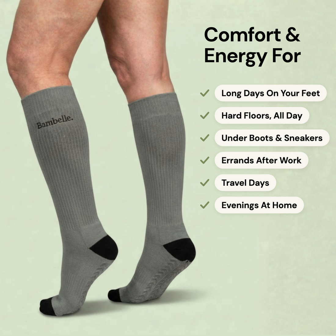 Gray Bambelle StepMassage Arch Socks with black heel and toe. Comfort and energy for long days on your feet, hard floors, under boots and sneakers, errands after work, travel days and evenings at home