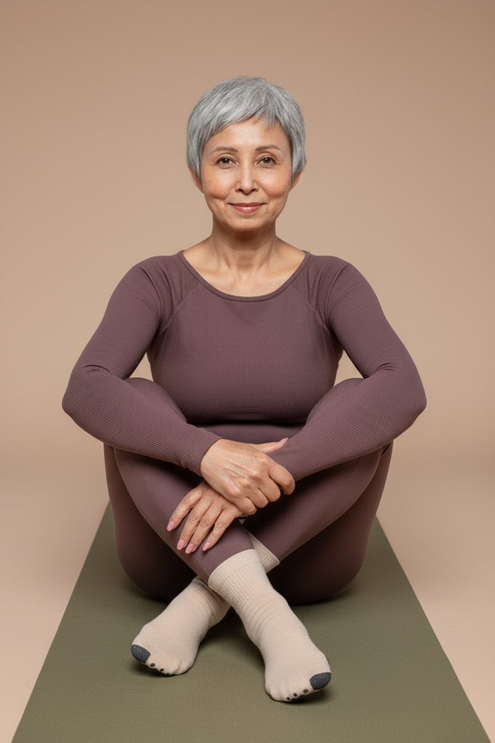 Femme de 50 ans et plus sur tapis de yoga - format carré