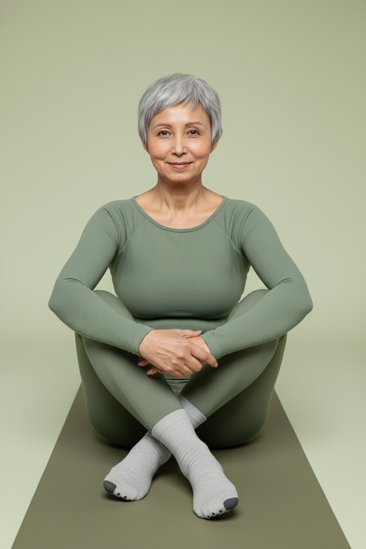 Mature woman on yoga mat seated pose