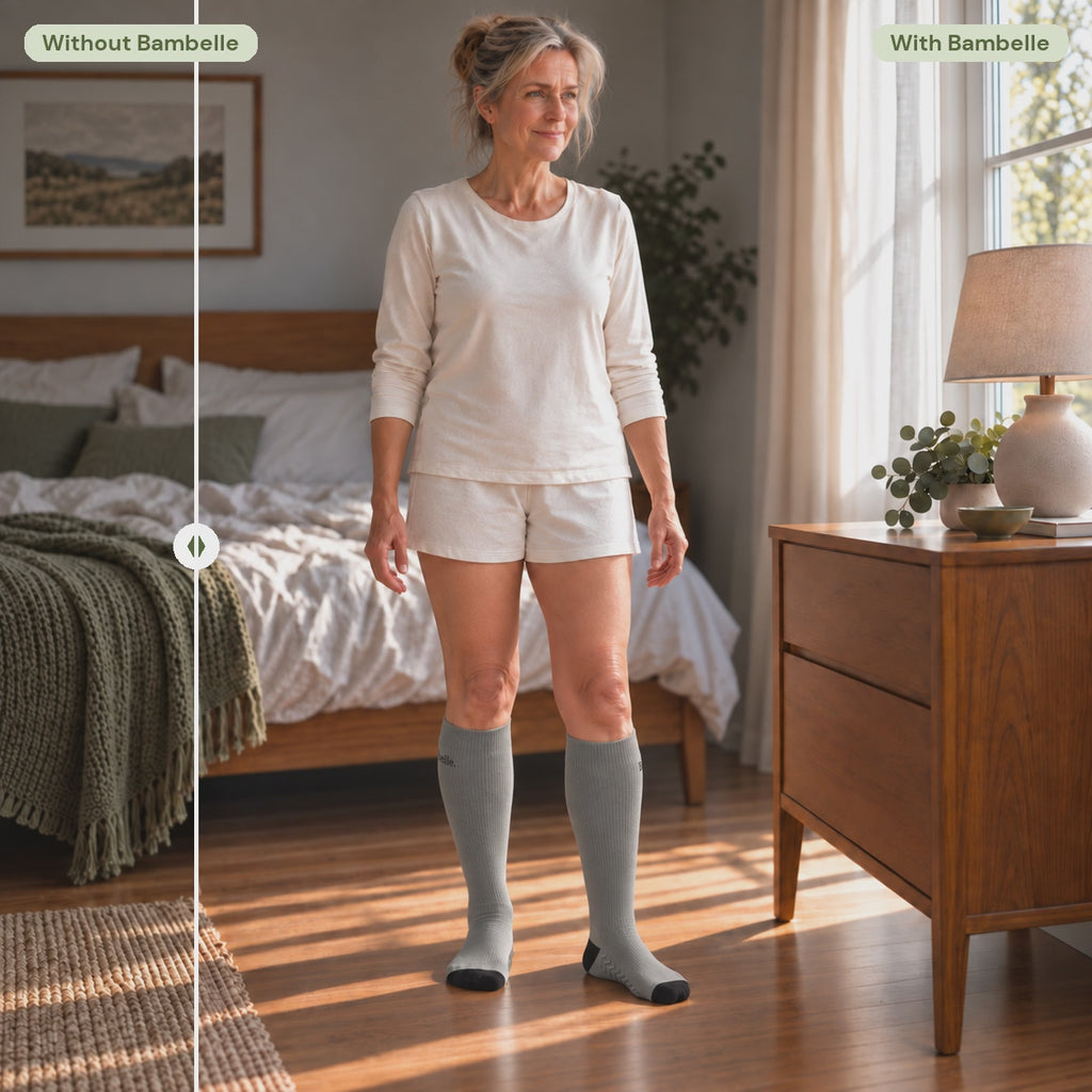 Comparateur avant/apres Bambelle : une femme sans chaussettes perd l'equilibre en tenant la commode, puis debout stable et confiante avec les chaussettes StepMassage grises